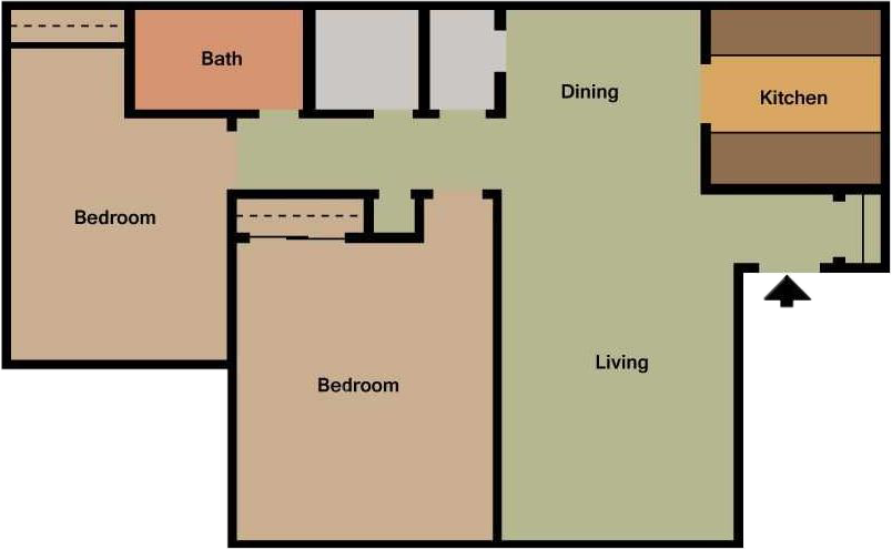 Floor plan for 2 beds, 1 bath, 930 sqft